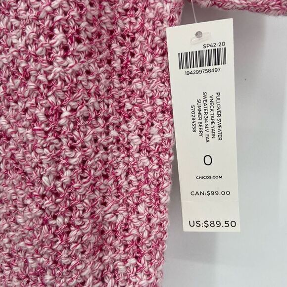 Chico's Pullover V-neck Tape Yarn 3/4 Sleeve Sweater Summer Berry Small/4 - Picture 6 of 10
